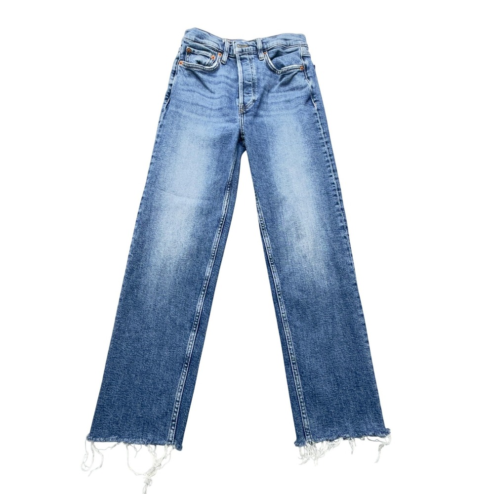RE/DONE Straight Jeans Womens 26 Blue Mid 70s Wash High Rise Raw Hem 1903W5TV27